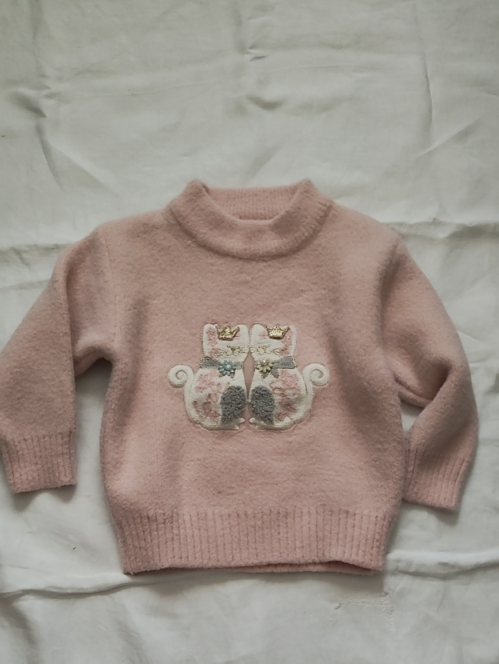 Girls' Pink Twin Cat Appliqué Sweater